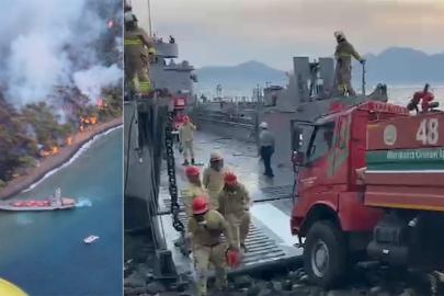 Marmaris'te orman yangını. Arazözleri çıkarma gemileri taşıdı