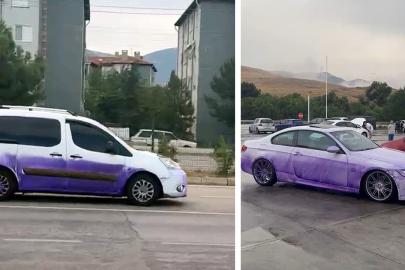 TIR yola boya dökmüştü: Araçların mora boyadığı anlar